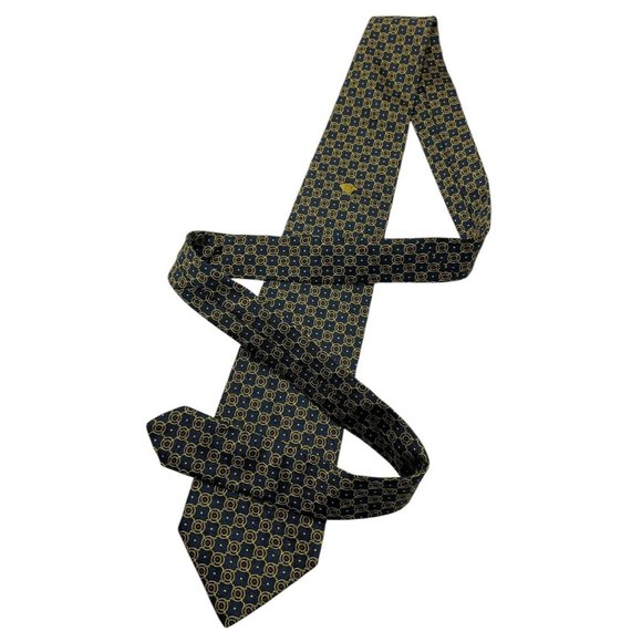 VERSACE Men's 100% Silk Necktie LUXURY Tie Navy Gold Geometric Logo W:3.6" EUC - Picture 4 of 6